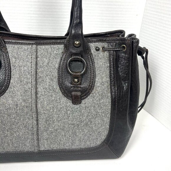 BR Banana Republic Leather Wool Drawstring Satchel Tote Gray Brown Academia 90s - Picture 2 of 14